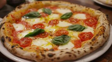 ai genererad en klassisk napolitanska pizza, Utsmyckad med tomater, mozzarella, basilika, och oliv olja foto