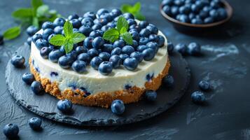ai genererad en himmelskt blåbär cheesecake terar knubbig blåbär på en Graham kracker bas. foto