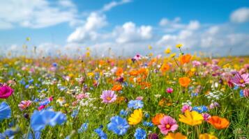 ai genererad en vibrerande äng täckt i vildblommor, med en klar blå himmel och en mild bris. foto