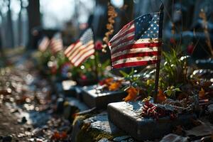 ai genererad patriotisk amerikan flaggor placerad på militär gravar i en högtidlig kyrkogård under en ljus höst dag foto