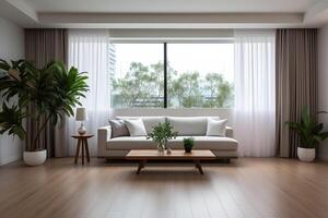 ai genererad eleganta modern levande rum terar en stor fönster med en se av frodig grönska och minimalistisk dekor. foto