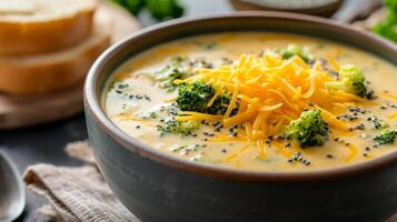 ai genererad en skål av krämig broccoli Cheddarost soppa, toppade med en generös stänk av strimlad ost foto