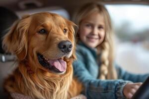 ai genererad en ung skön familj är Sammanträde i en bil med deras fluffig gyllene retriever hund foto