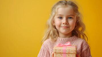 ai genererad en ung blond flicka innehav en gåva låda i en studio med en gul bakgrund foto