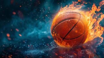 ai genererad en basketboll boll på brand på en svart bakgrund på de rätt foto