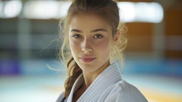 ai genererad skön ung kvinna judoka Framställ på de mästerskap och ser på de kamera foto
