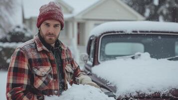 ai genererad ung stilig man clearing snö från hans bil Nästa till hans klassisk amerikan Hem foto