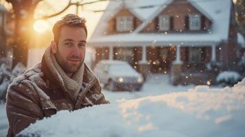ai genererad ung stilig man clearing snö från hans bil Nästa till hans klassisk amerikan Hem foto