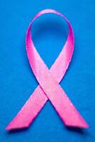 rosa band för bröst cancer medvetenhet, symbolisk rosett Färg höjning medvetenhet på människor levande med kvinnors bröst tumör sjukdom. rosett isolerat med klippning blå bakgrund foto