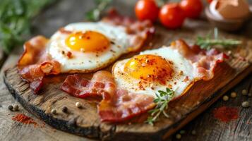 ai genererad friterad ägg och bacon hjärta form foto