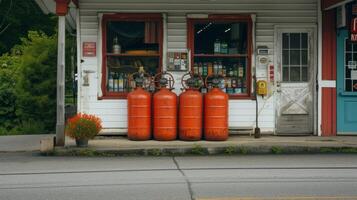 ai genererad gas cylindrar stå på en gas station i en klassisk amerikan små stad foto