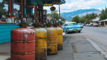 ai genererad gas cylindrar stå på en gas station i en klassisk amerikan små stad foto