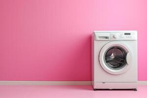 ai genererad vit tvättning maskin står isolerat på rosa bakgrund foto