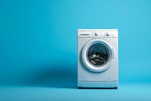 ai genererad vit tvättning maskin står isolerat på blå bakgrund foto