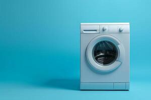 ai genererad vit tvättning maskin står isolerat på blå bakgrund foto