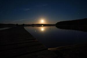 solnedgång på en sjö i Sverige. de månsken är reflekterad i de lugna vatten. foto