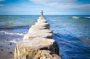 groynes jut ut in i de baltic hav. trä- trunkar till skydda de kust. landskap foto