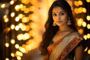 ai genererad ung skön indisk kvinna på diwali firande foto