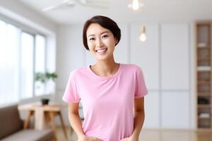 ai genererad en Lycklig kvinna i en rosa t-shirt med en band foto