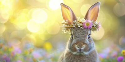 ai genererad glad brun kanin med äng blomma krona på bokeh bakgrund. en nyckfull porträtt av söthet för påsk kanin festival. foto