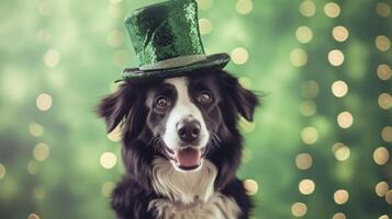 ai genererad luna hund bär en st patrick hatt i en grön bokeh bakgrund foto