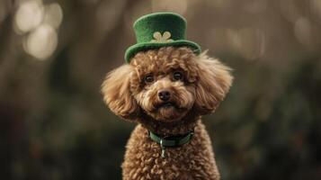 ai genererad brun teddy hund bär en st Patricks hatt foto