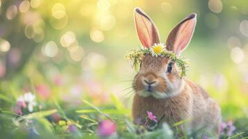 ai genererad glad brun kanin med äng blomma krona på bokeh bakgrund. en nyckfull porträtt av söthet för påsk kanin festival. foto