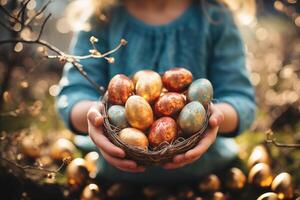ai genererad barn flicka hand håll färgrik påsk ägg i trädgård med solljus, generativ al. foto