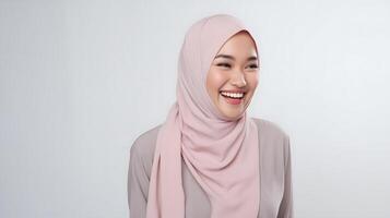 ai genererad strålnings leende av en skön asiatisk kvinna med en hijab, fångande äkta glädje och värme, mot en grå bakgrund foto