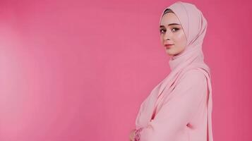 ai genererad skön bär hijab kvinna i en porträtt visa upp en tom rosa Färg Foto studio begrepp med elegans