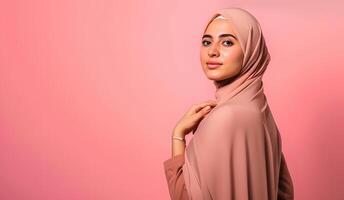 ai genererad skön bär hijab kvinna i en porträtt visa upp en tom rosa Färg Foto studio begrepp med elegans