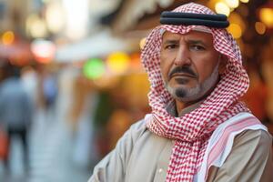 ai genererad porträtt av ett arab man i traditionell kläder på en stad gata foto