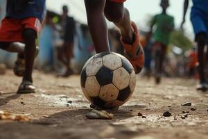 ai genererad afrikansk barn spelar fotboll på by gata foto