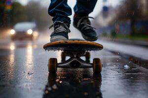 ai genererad skateboarder håller på med lura med skateboard på gata foto