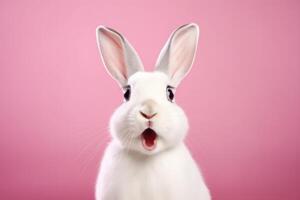 ai genererad kanin med överraskning uttryck på en rosa bakgrund foto