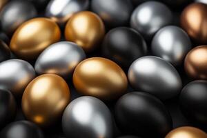 ai genererad påsk ägg i de Färg av guld, svart och silver- på en svart bakgrund foto