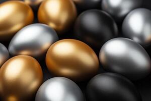 ai genererad påsk ägg i de Färg av guld, svart och silver- på en svart bakgrund foto