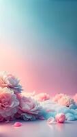 ai genererad graciös rosa och vit blommor på vertikal pastell blå bakgrund foto