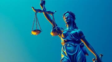 ai genererad ett imponerande staty av lady rättvisa, kasta i en slående blå tona, innehar de balanserad skalor av rättvisa högt upp mot en lugna lutning blå bakgrund foto