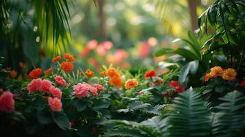 ai genererad frodig tropisk trädgård full av vibrerande orange och rosa blommor sola i de mjuk morgon- ljus. foto