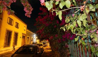 natt vykort av de stad av queretaro i Mexiko, med dess gator med bougainvillea blommor foto