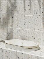 vit marmor plattform med vit topp på terrazzo plattor i en solig badrum. 3d tolkning foto