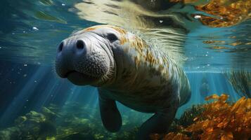 ai genererad manatee betning i havsgräs en lugn under vattnet scen fångande marin liv och miljövänlig aspekter på värld havsgräs dag, hav ko i dess vatten, manatee och havsgräs biologiska mångfalden foto