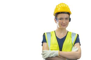 ingenjör kvinna självsäker ärm korsade, lady industri arbetstagare med säkerhet enhetlig isolerat på vit bakgrund foto