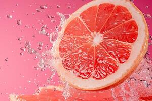 ai genererad kraftfull flytande explosion, skivad grapefrukt, rosa bakgrund foto