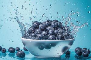 ai genererad blåbär stänk i vatten på blå bakgrund foto