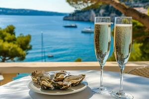 ai genererad glasögon av champagne och ostron på en tabell med en se till de havet. generativ ai foto