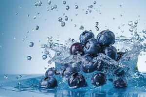 ai genererad blåbär stänk i vatten på blå bakgrund foto
