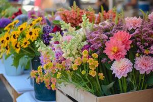 ai genererad vår blommor på lokal- gata marknadsföra. generativ ai foto