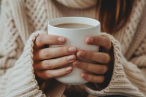 ai genererad kvinna händer med en råna av dryck. ung kvinna innehav kopp av te eller kaffe i de morgon- solljus. generativ ai foto